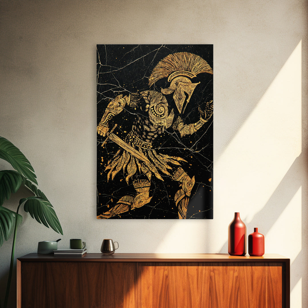 Spartan Warrior Gold Canvas Art, Ancient Soldier Canvas Print, Real Wood Frame Wall Décor, Heroic Mythology Battle Artwork