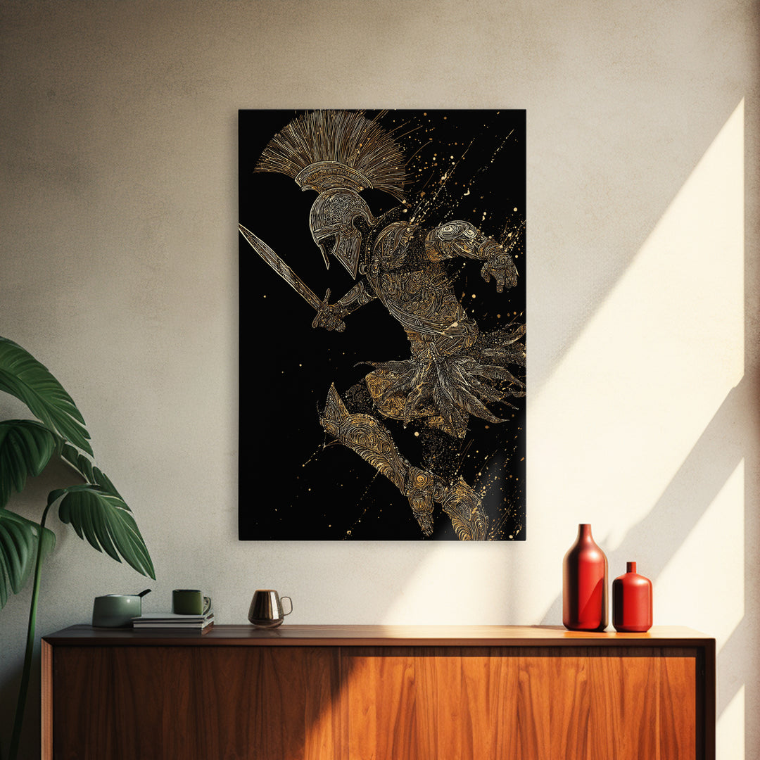 Charging Gladiator Gold Canvas Print, Warrior In Action Art On Canvas, Real Wood Frame Décor, Ancient Mythology Artwork