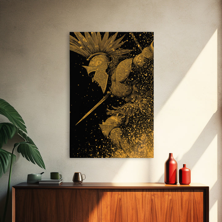 Epic Spartan Gold Canvas Art, Ancient Battle Warrior Canvas Print, Real Wood Frame Wall Décor, Heroic Mythology Statement Artwork