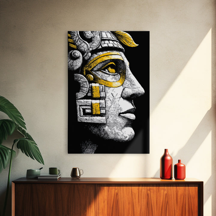 Aztec Warrior Gold Canvas Art, Ancient Tribal Mask Canvas Print, Real Wood Frame Wall Décor, Pre-Columbian Mythology Artwork