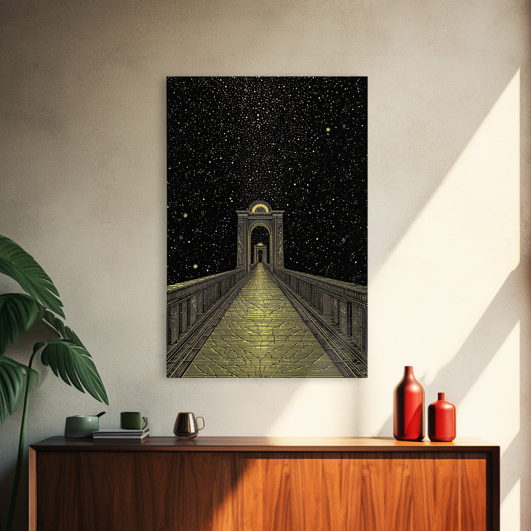 Starlit Path Gold Canvas Art, Fantasy Bridgeway Canvas Print, Real Wood Frame Wall Décor, Celestial Mythology Dream Artwork