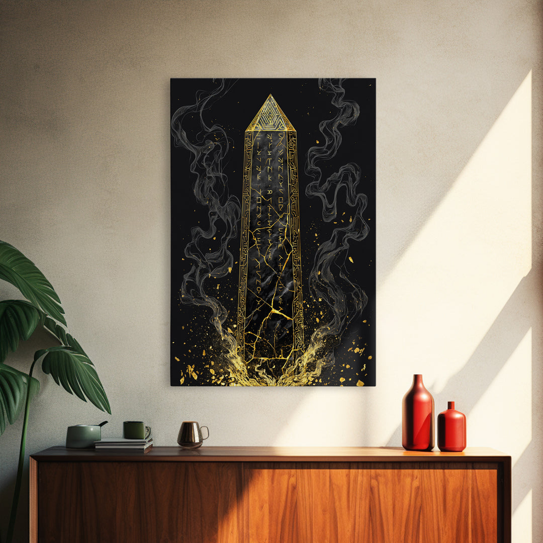 Runic Obelisk Gold Canvas Art, Mystical Stone Wall Print On Canvas, Real Wood Frame Decor, Ancient Fantasy Symbolic Artwork