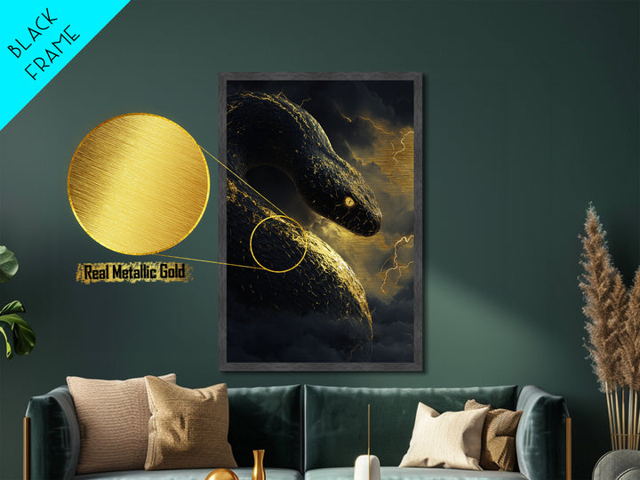 Mythical Serpent Metallic Gold Art, Norse Jormungandr Snake Metal Print, Real Wood Frame Wall Décor, Fantasy Mythology Creature Artwork