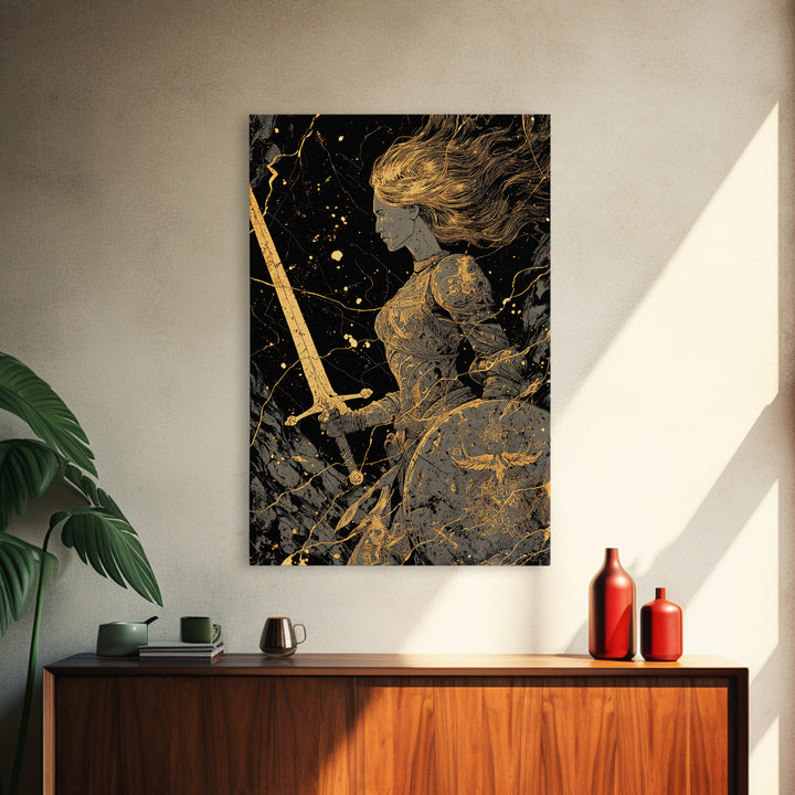 Warrior Maiden Gold Canvas Print, Female Knight With Sword And Shield Artwork, Real Wood Frame Wall Décor, Heroic Fantasy Art