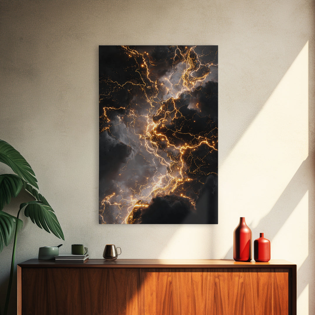 Celestial Lightning Storm Gold Canvas Art, Abstract Thunder Energy Canvas Print, Real Wood Frame Wall Décor, Dramatic Cosmic Power Artwork