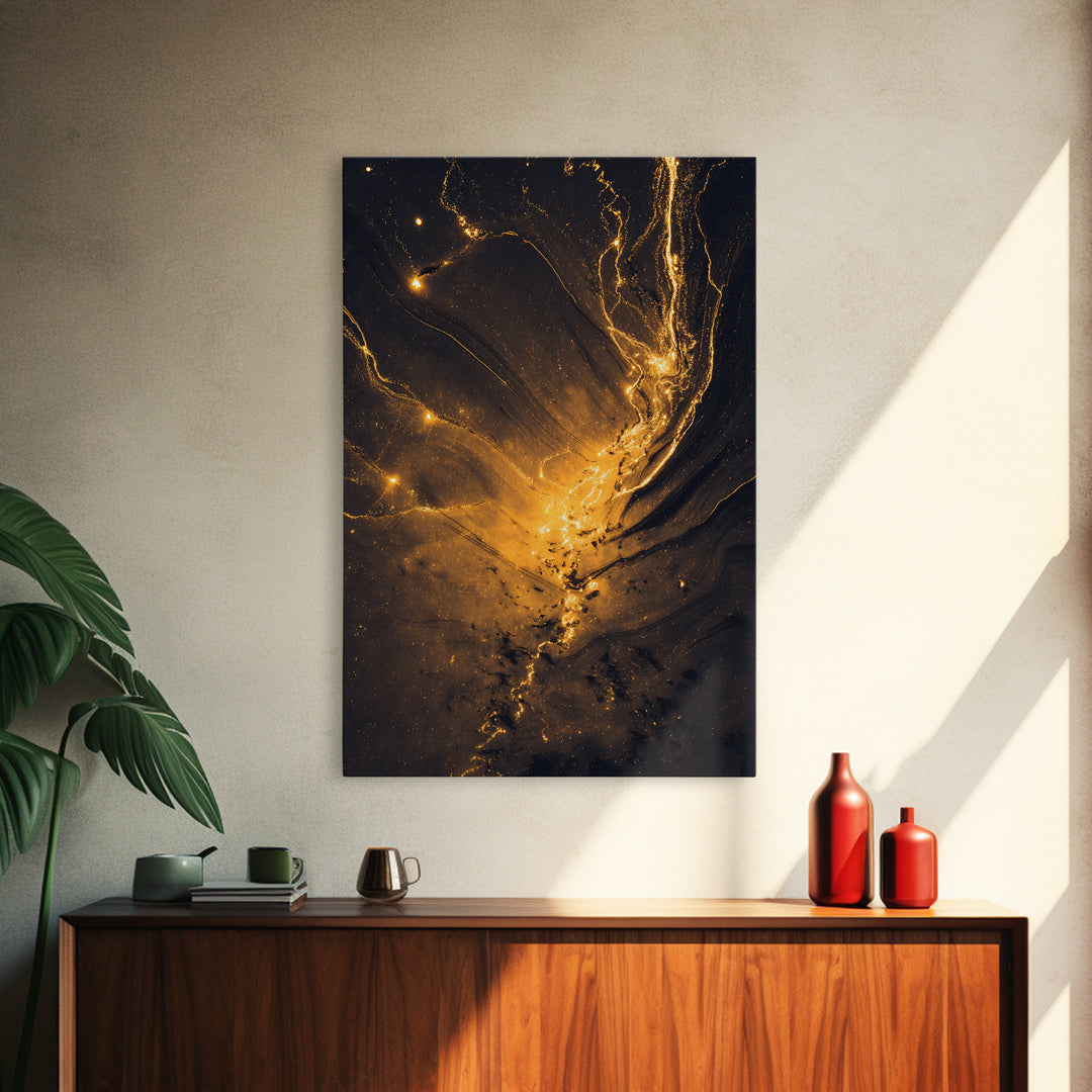 Golden River Flow Gold Canvas Print, Abstract Liquid Energy Artwork On Canvas, Real Wood Frame Wall Décor, Celestial Fluid Art