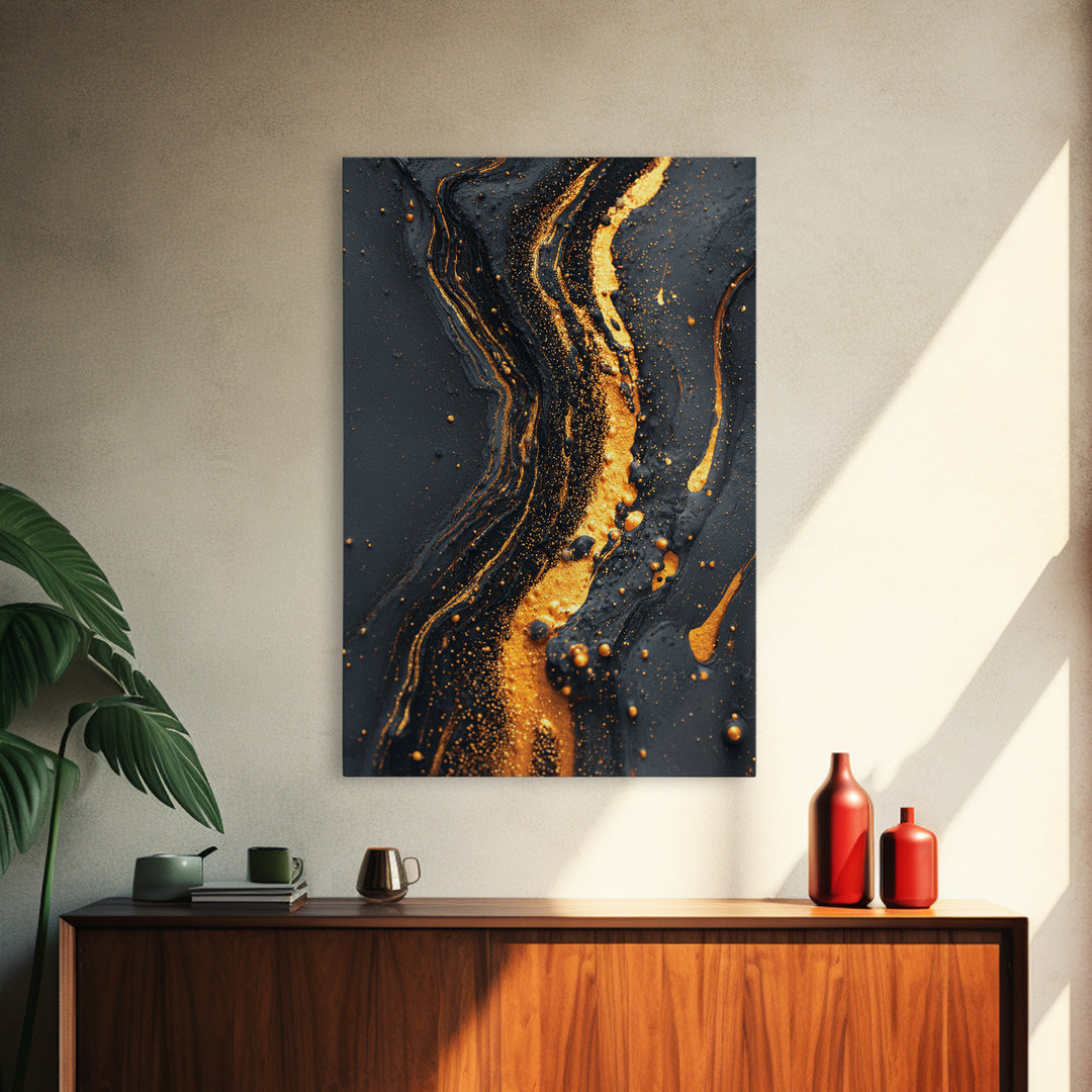 Abstract Gold Flow Art, Modern Luxury Canvas Print With Real Wood Frame, Fluid River Inspired Wall Décor, Contemporary Statement Artwork