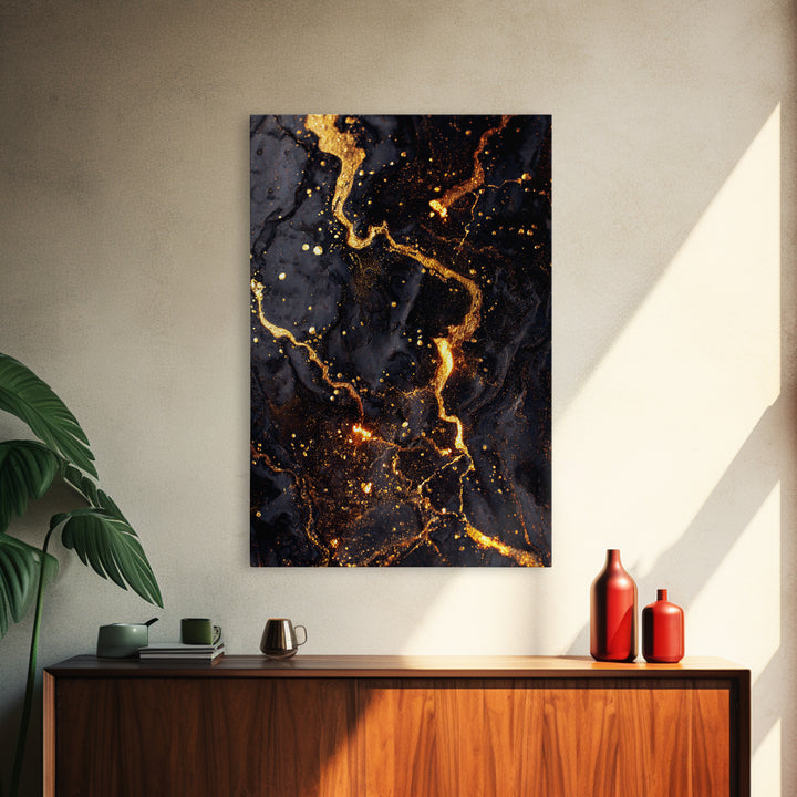 Abstract Lava Veins Gold Canvas Print, Modern Luxury Flow Artwork On Canvas, Real Wood Frame Wall Décor, Dramatic Statement Art