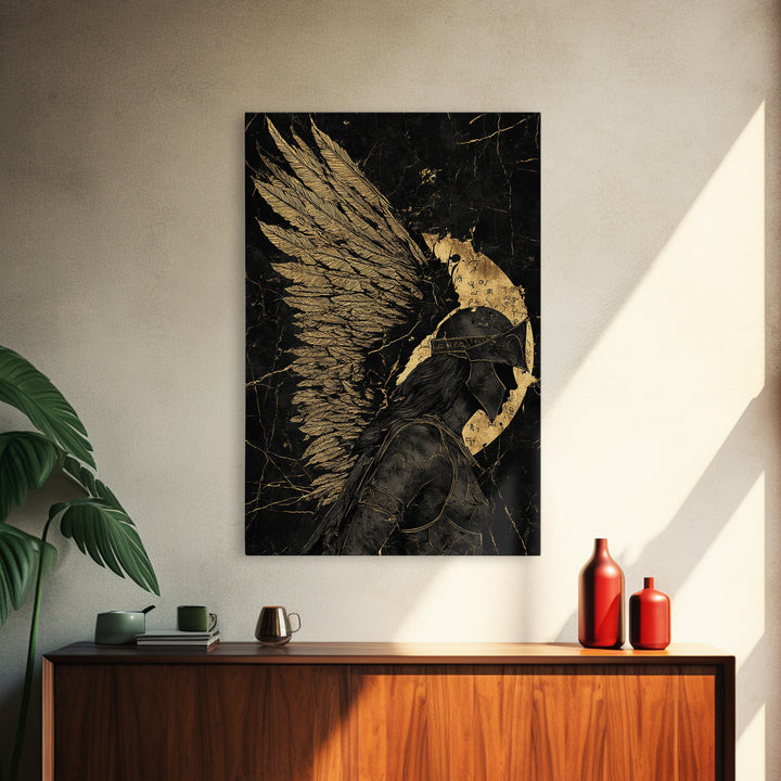Winged Warrior Gold Canvas Print, Angelic Guardian Art On Canvas, Real Wood Frame Decor, Mythology Spiritual Wall Artwork