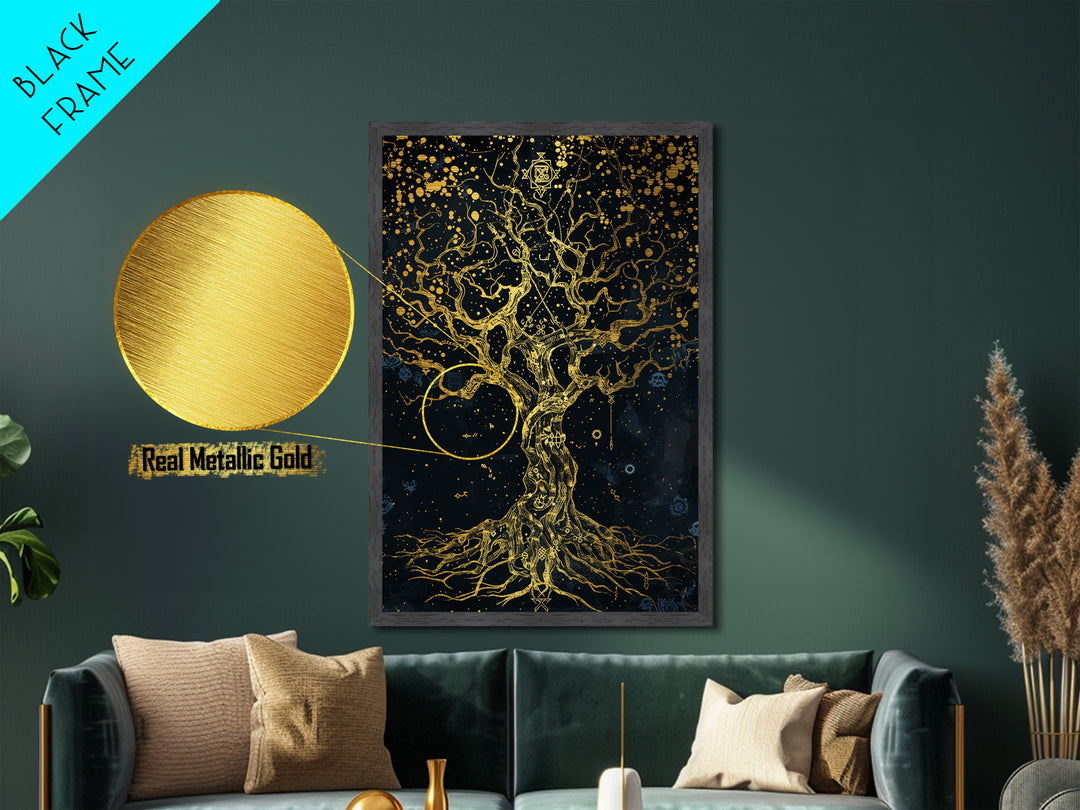 Mystical Tree Of Life Metallic Gold Art, Celestial Symbolic Nature Metal Print, Real Wood Frame Wall Décor, Sacred Mythology Fantasy Artwork