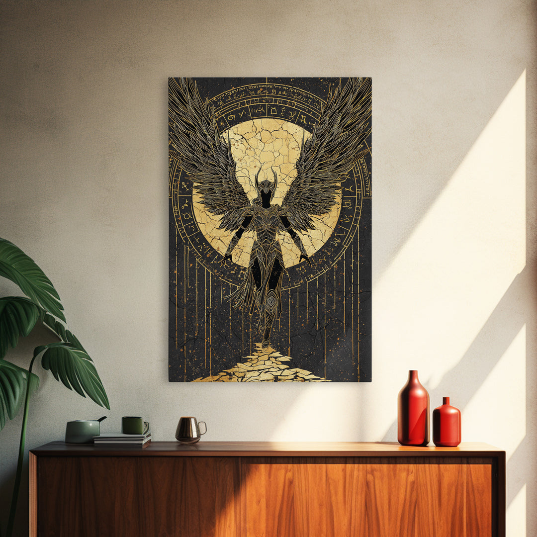Celestial Angel Gold Canvas Art, Majestic Winged Warrior Canvas Print, Real Wood Frame Wall Décor, Divine Fantasy Statement Artwork