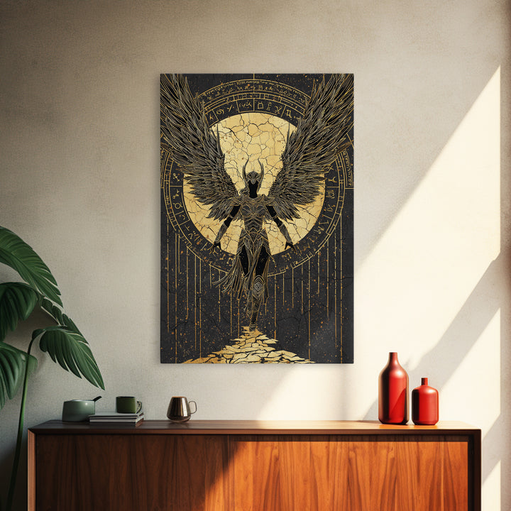 Celestial Angel Gold Canvas Art, Majestic Winged Warrior Canvas Print, Real Wood Frame Wall Décor, Divine Fantasy Statement Artwork