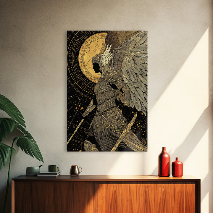 Divine Protector Gold Canvas Print, Angelic Warrior Art On Canvas, Real Wood Frame Wall Décor, Celestial Mythology Artwork