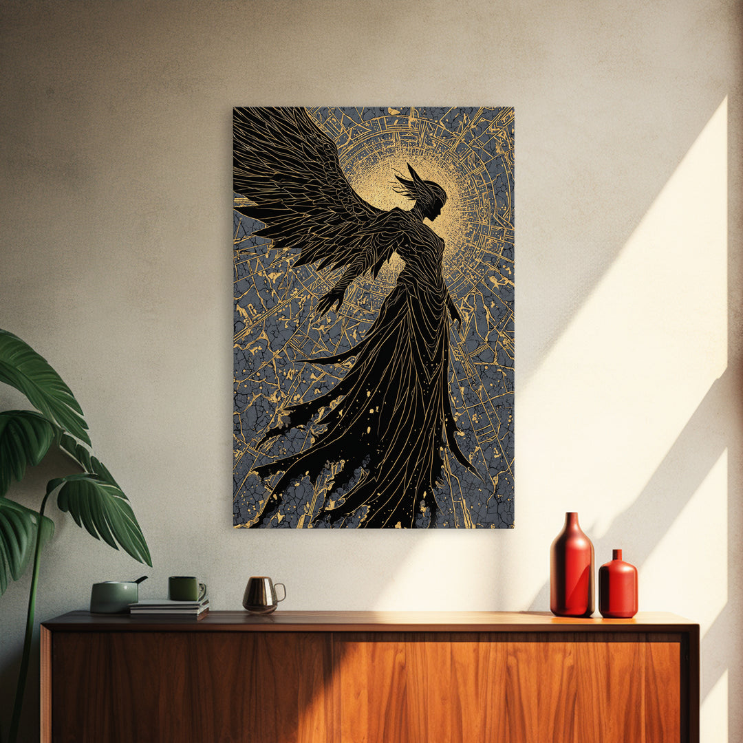 Radiant Angel Gold Canvas Art, Celestial Winged Guardian Canvas Print, Real Wood Frame Wall Décor, Mythology Fantasy Artwork