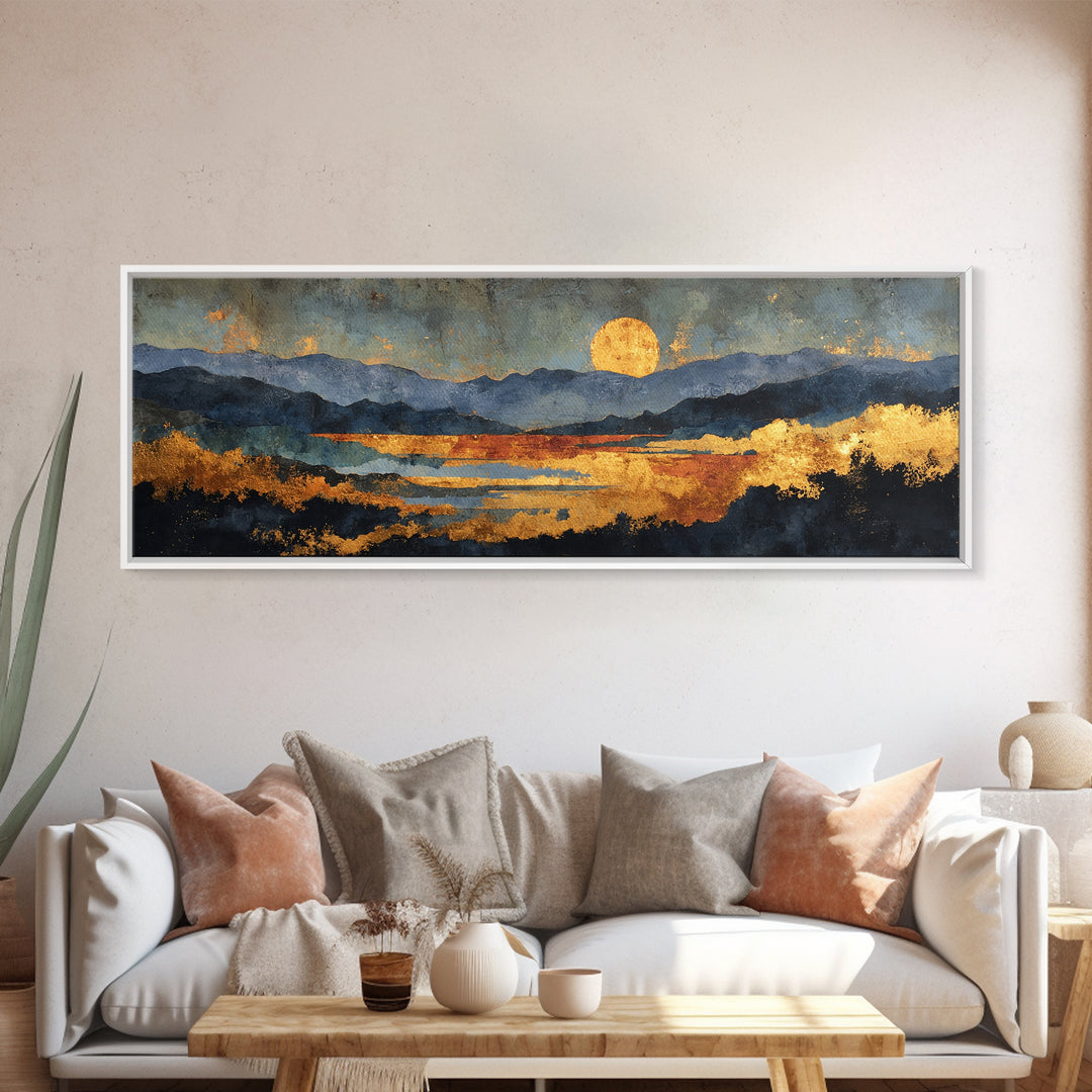 Sunset Over Mountains Gold Canvas Print, Abstract Mountain Landscape Wall Art, Modern Nature Artwork With Real Wood Frame