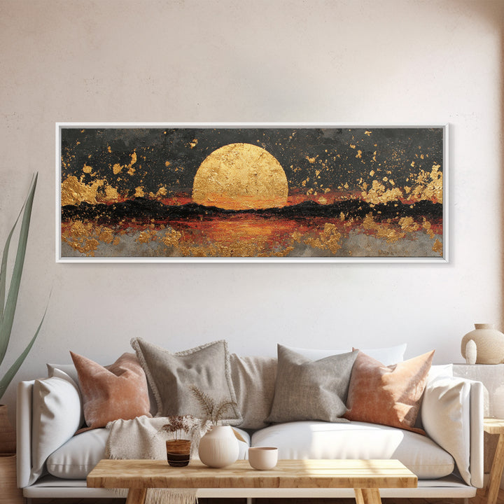 Golden Horizon Gold Canvas Print, Textured Sunset Wall Art, Abstract Sun Over Water Artwork With Real Wood Frame