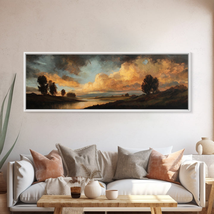 Dramatic Sky Gold Canvas Print, Cloudy Sunset River Landscape Wall Art, Atmospheric Nature Artwork With Real Wood Frame