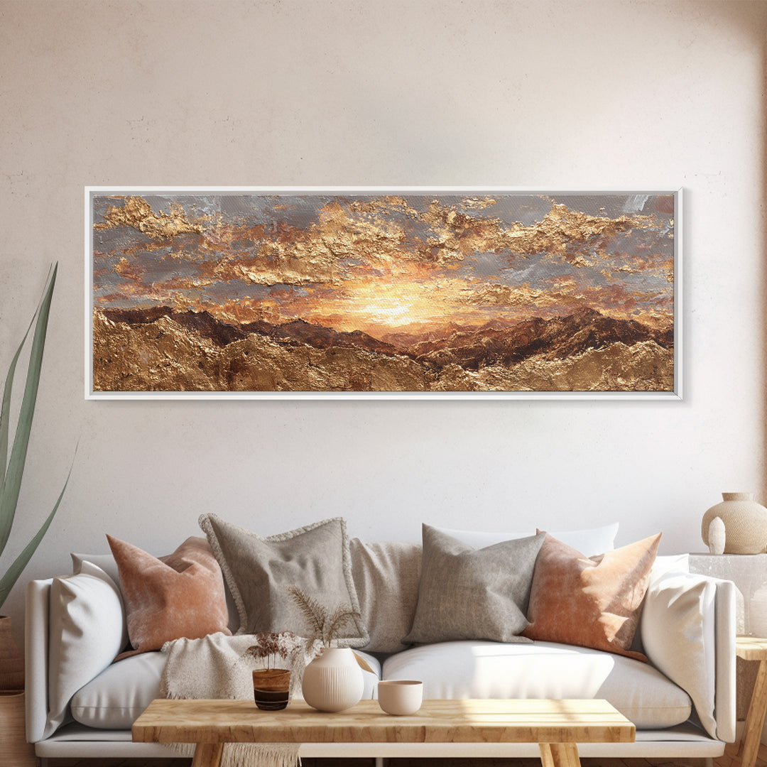 Sunlit Peaks Gold Canvas Print, Golden Mountain Sunrise Wall Art, Abstract Nature Landscape Artwork With Real Wood Frame