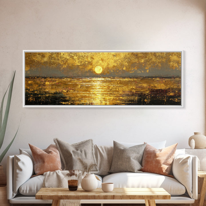 Radiant Reflection Gold Canvas Print, Golden Sun Over Water Wall Art, Shimmering Seascape Artwork With Real Wood Frame