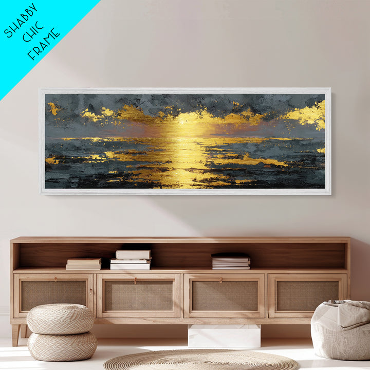 Ocean Sunset Metallic Gold Metal Print, Glowing Sun Over Waves Wall Art, Modern Coastal Seascape Artwork With Real Wood Frame