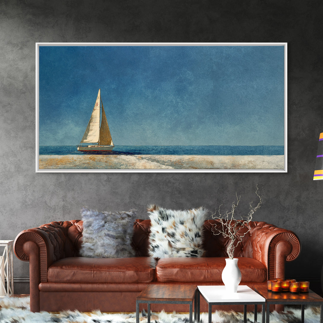 Tiny Sailboat under Open Sky Framed Canvas Print, Minimalist Art, Contemporary Art, Living Room Decor, Fine Art, Minimal, MIN-2x1-10