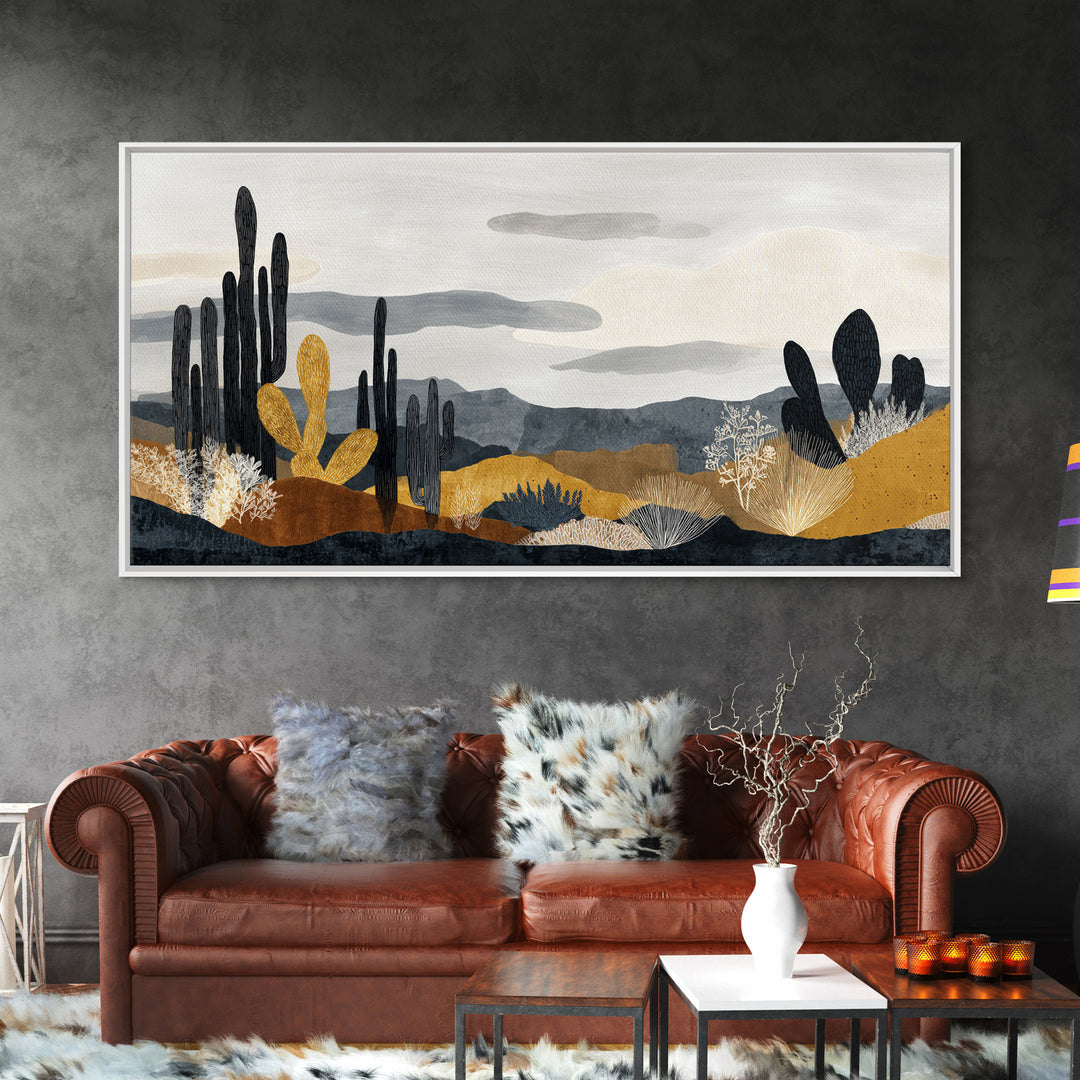 Black and White Cactus Silhouette Framed Canvas Print, Minimalist Art, Fine Art Print, Living Room Decor, Fine Art, Minimal, MIN-2x1-16