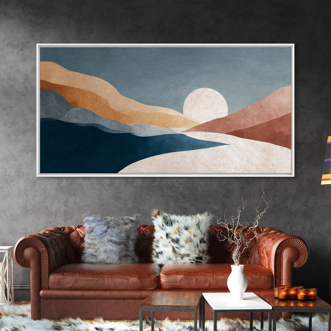 Minimal Moon over a Pale Ocean Framed Canvas Print, Minimalist Art, Printable Wall Art, Living Room Decor, Fine Art, Minimal, MIN-2x1-29