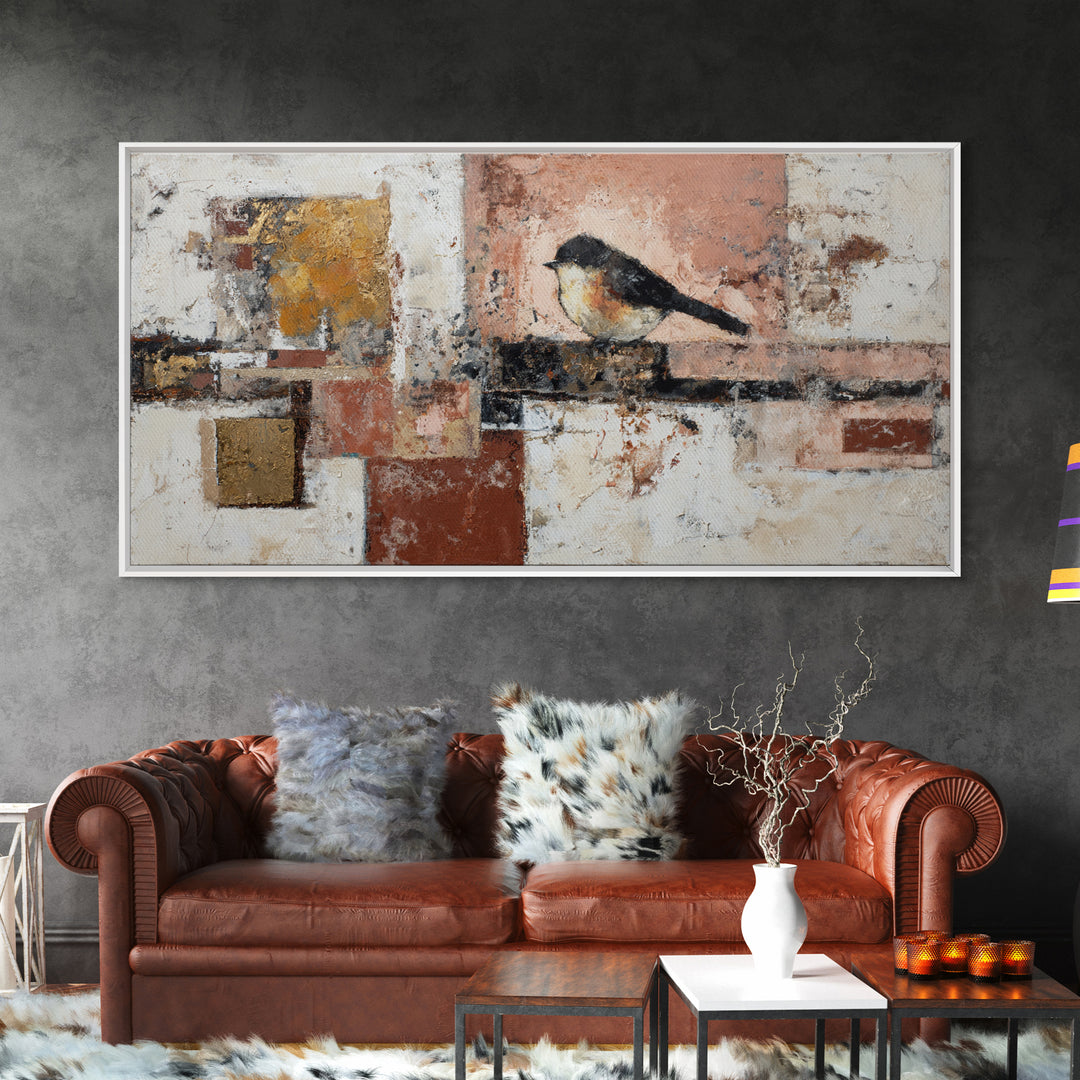 Small Black Bird Crossing White Space Framed Canvas Print, Minimalist Art, Large Wall Art, Living Room Decor, Fine Art, Minimal, MIN-2x1-3