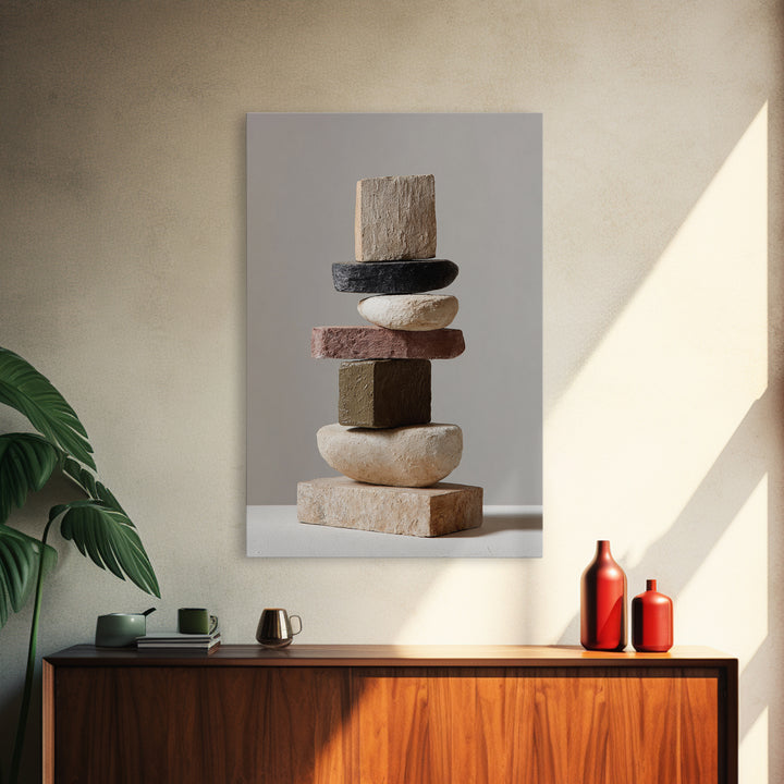 Quiet Stone Stack Framed Canvas Print, Minimalist Art, Digital Wall Art, Living Room Decor, Abstract Art, Minimal, MIN-2x3-43