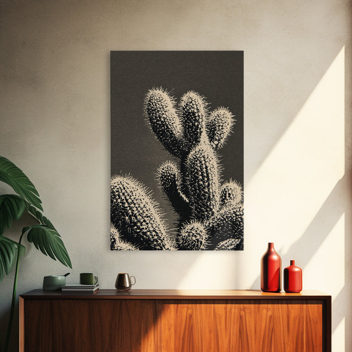 Black and White Cactus Silhouette Framed Canvas Print, Minimalist Art, Japanese Wall Art, Living Room Decor, Fine Art, Minimal, MIN-2x3-76