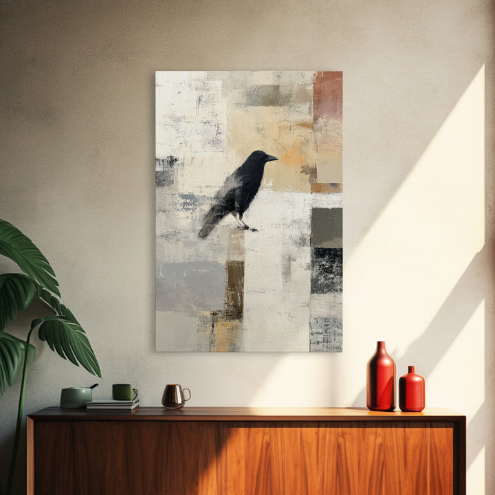 Small Black Bird Crossing White Space Framed Canvas Print, Minimalist Art, Abstract Painting, Living Room Decor, Minimal, MIN-2x3-87
