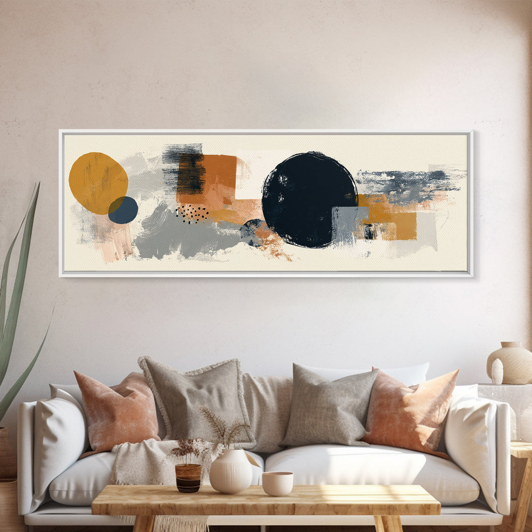 Single Black Circle on Warm Ivory Ground Framed Canvas Print, Minimalist Art, Unique Wall Art, Living Room Decor, Minimal, MIN-3x1-17