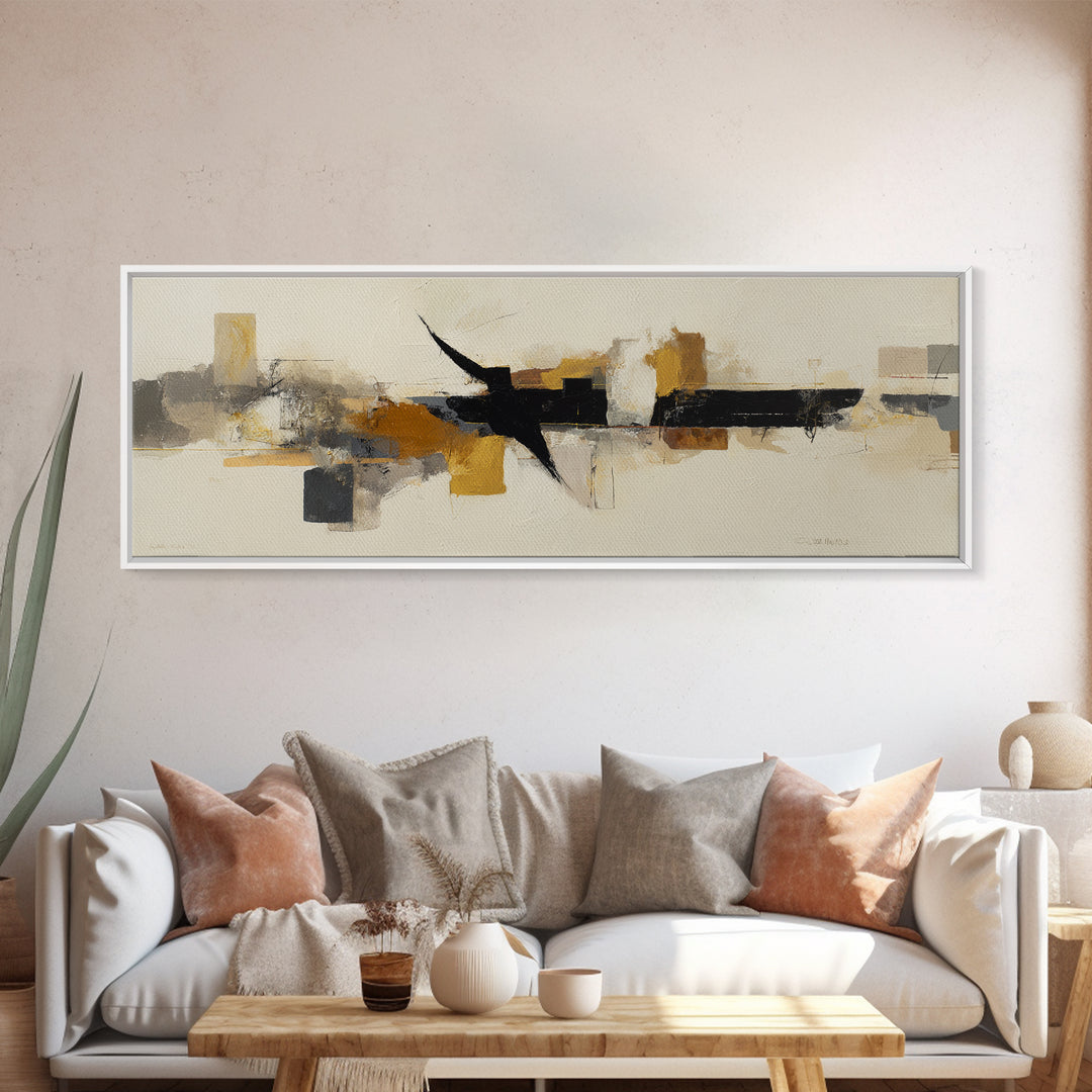 Small Black Bird Crossing White Space Framed Canvas Print, Minimalist Art, Art Prints, Living Room Decor, Oil Painting, Minimal, MIN-3x1-47