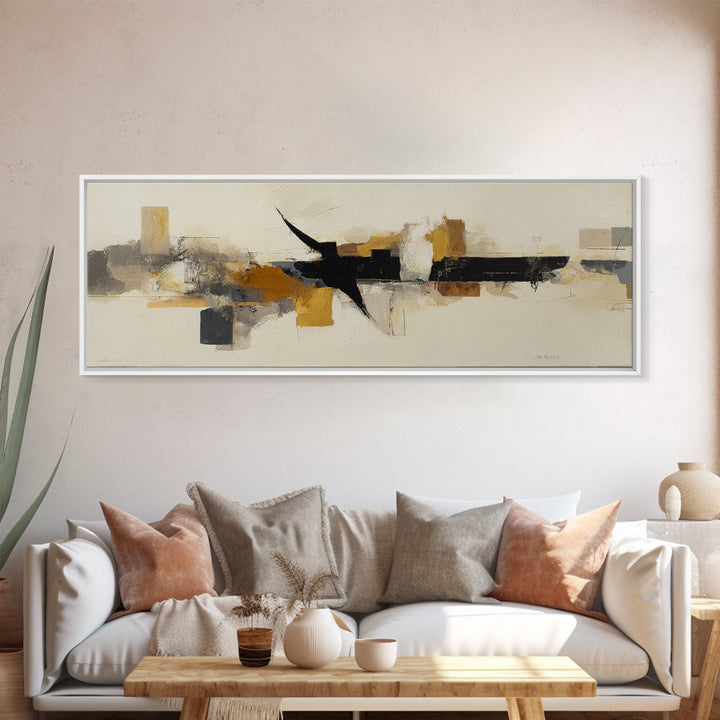Small Black Bird Crossing White Space Framed Canvas Print, Minimalist Art, Art Prints, Living Room Decor, Oil Painting, Minimal, MIN-3x1-47