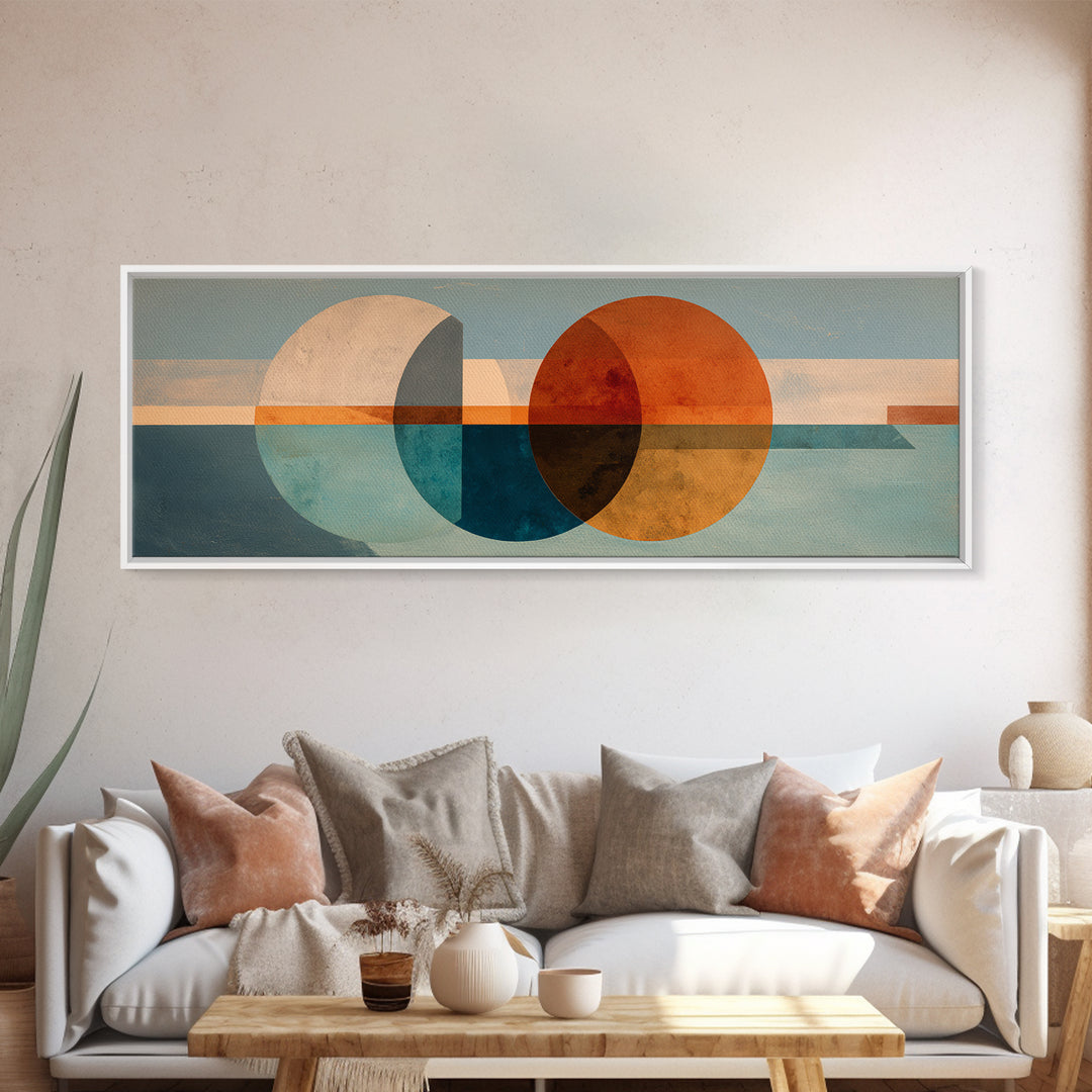 Minimal Moon over a Pale Ocean Framed Canvas Print, Minimalist Art, Neutral Decor, Living Room Decor, Oil Painting, Minimal, MIN-3x1-73