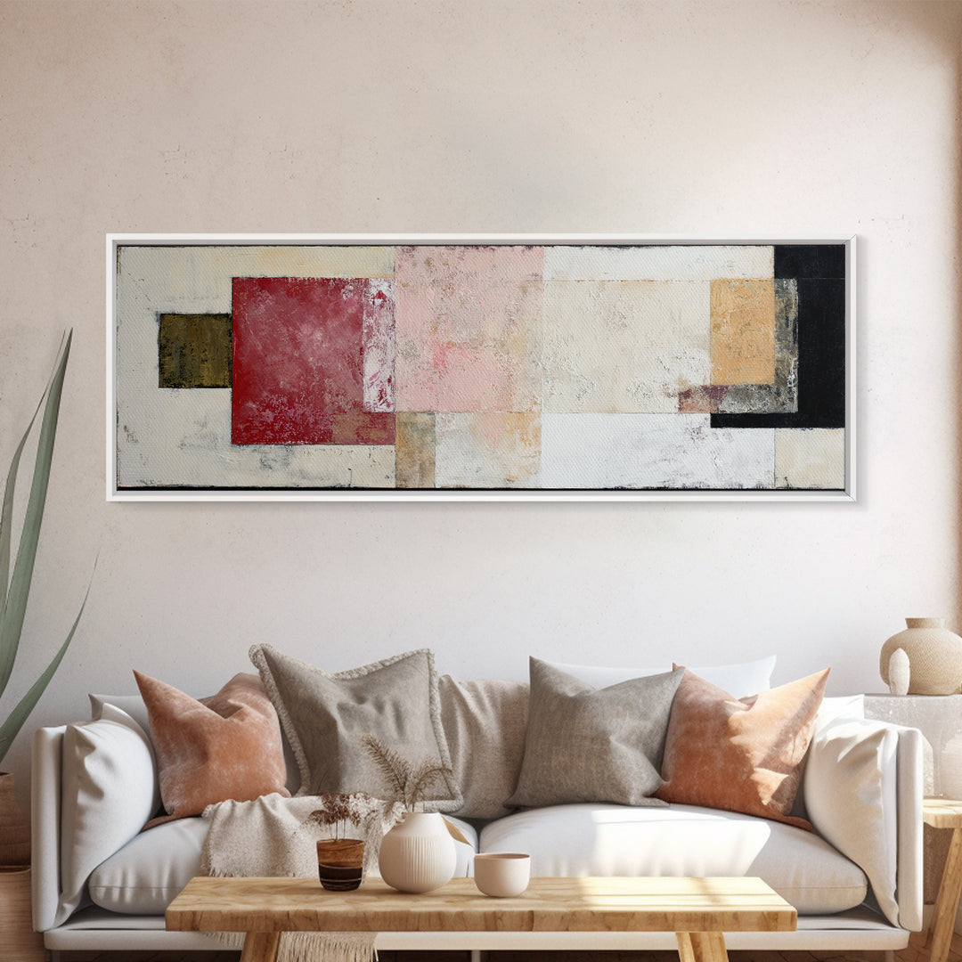 One Red Square Balanced Framed Canvas Print, Minimalist Art, Abstract Wall Art, Living Room Decor, Oil Painting, Minimal, MIN-3x1-74