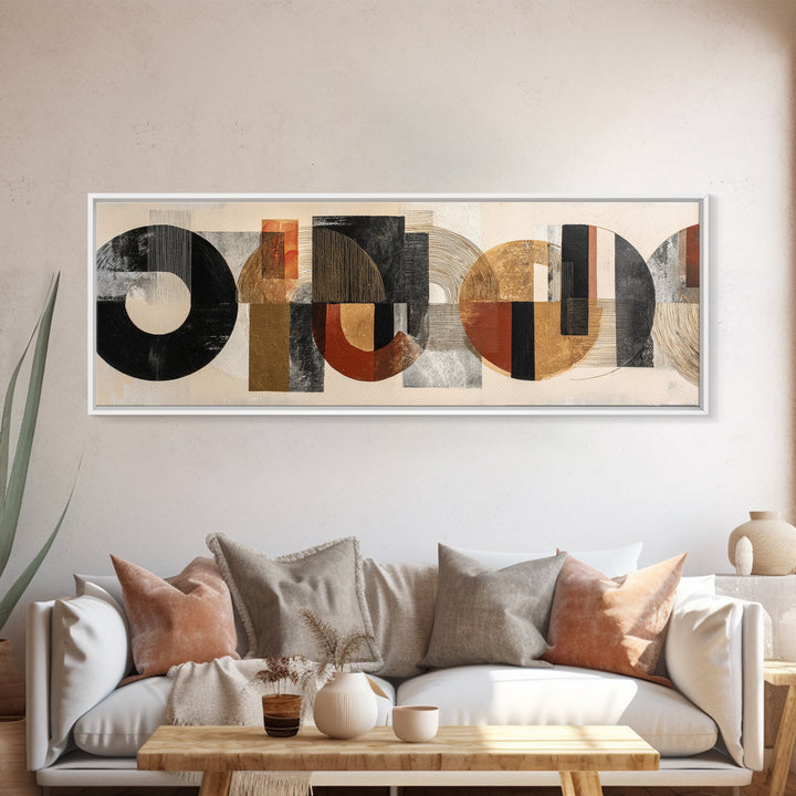 Single Black Circle on Warm Ivory Ground Framed Canvas Print, Minimalist Art, Boho Decor, Living Room Decor, Oil Painting, MIN-3x1-89