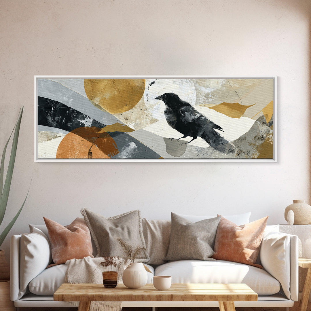 Small Black Bird Crossing White Space Canvas Print, Minimalist Art, Art Prints, Living Room Decor, Oil Painting, Minimal, MIN-3x1-95