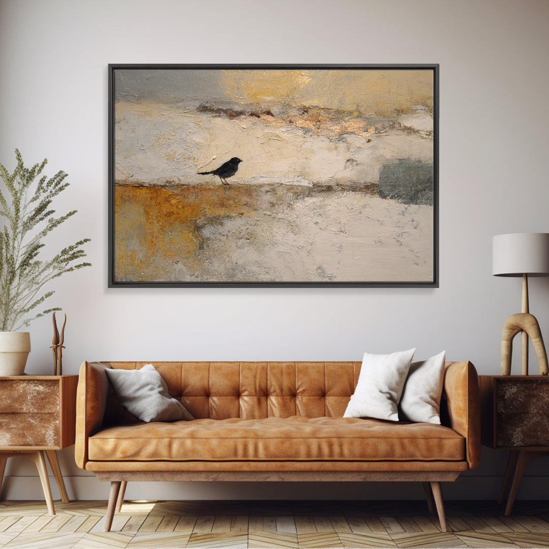 Small Black Bird Crossing White Space Framed Canvas Print, Minimalist Art, Room Decor, Living Room Decor, Fine Art, Minimal, MIN-3x2-35