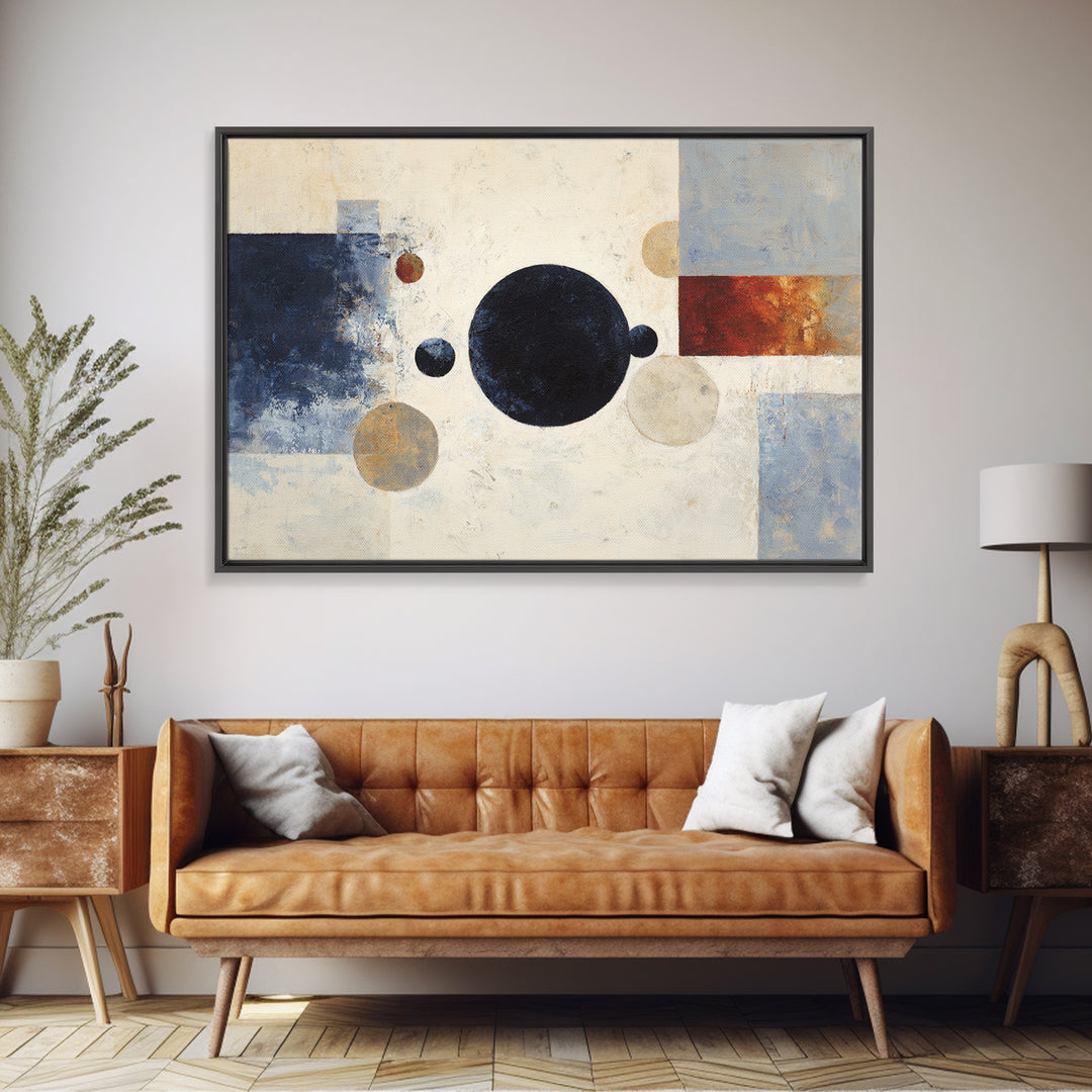 Single Black Circle on Warm Ivory Ground Framed Canvas Print, Minimalist Art, Abstract Painting, Living Room Decor, Minimal, MIN-3x2-5