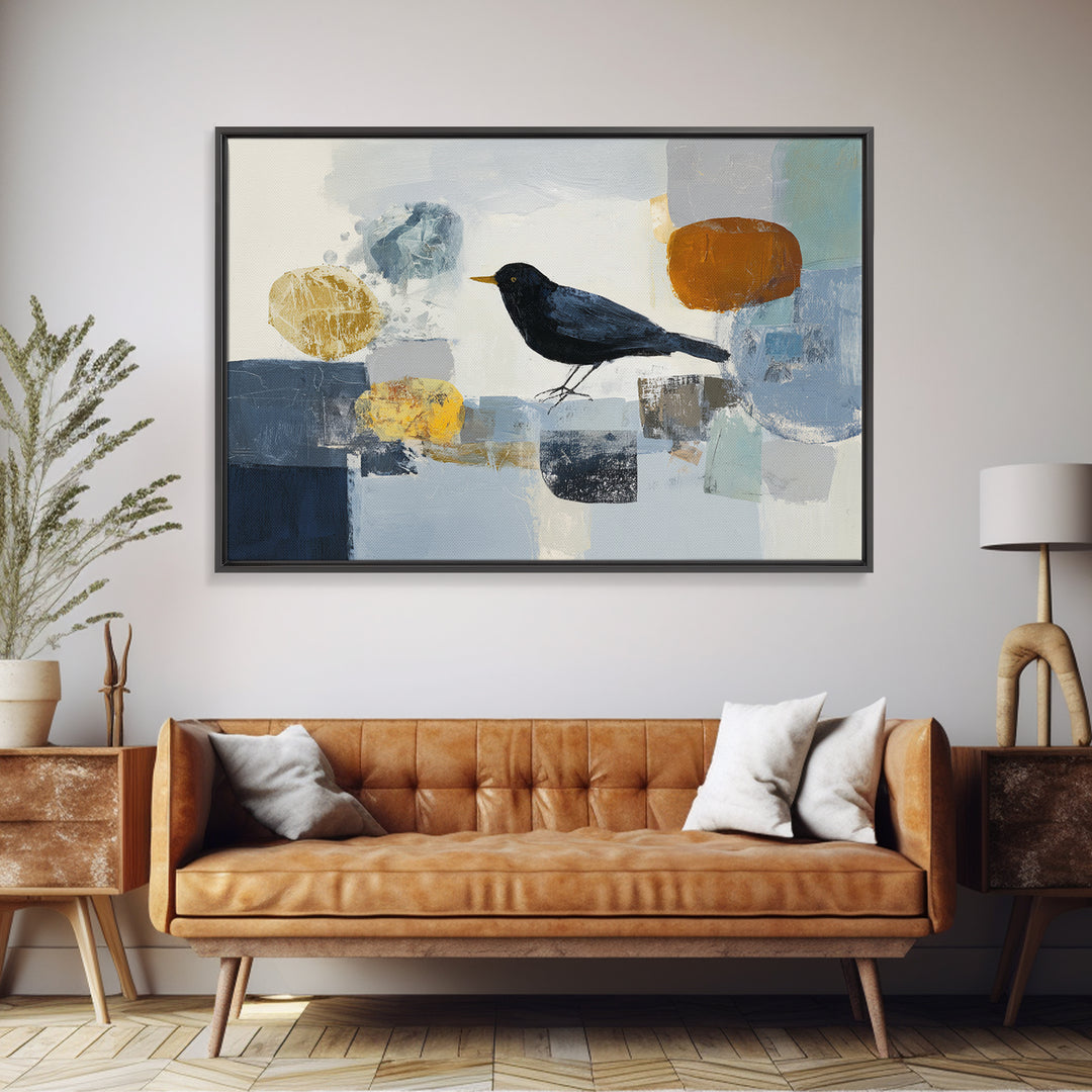 Small Black Bird Crossing White Space Canvas Print, Minimalist Art, Large Wall Art, Living Room Decor, Fine Art, Minimal, MIN-3x2-83