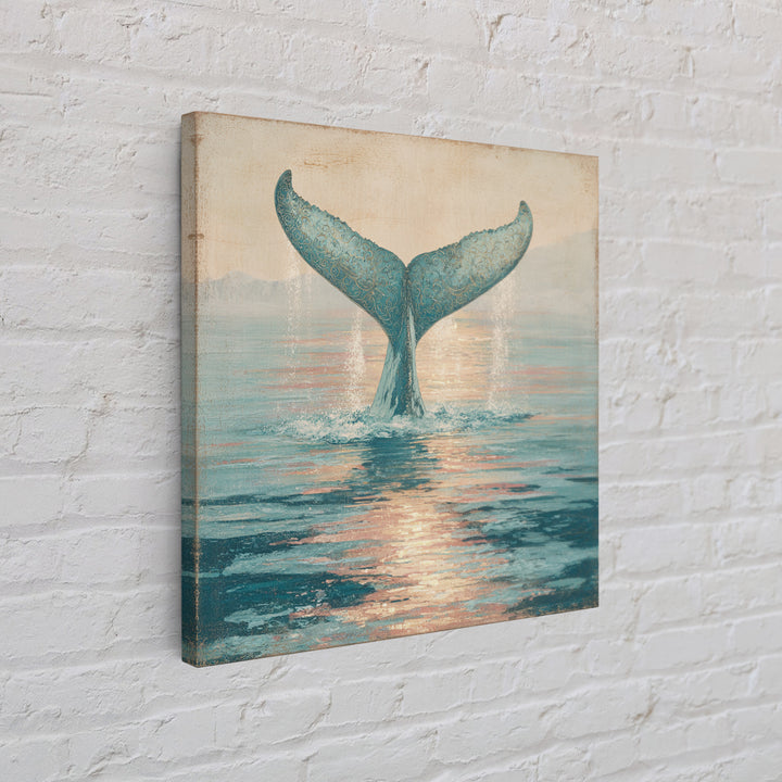 Whale Tail Rising from Misty Ocean Framed Canvas Print, Marine Life Art, Ocean Art, Living Room Decor, Oil Painting, Marine, MLA-1x1-2