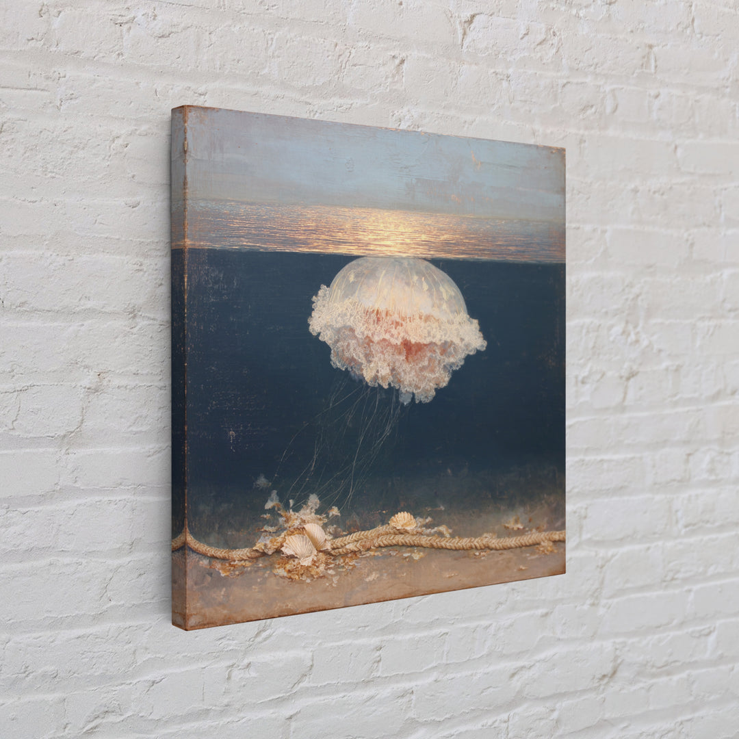 Jellyfish Floating in Luminous Dark Water Canvas Print, Marine Life Art, Fish Art, Living Room Decor, Oil Painting, Marine, MLA-1x1-30