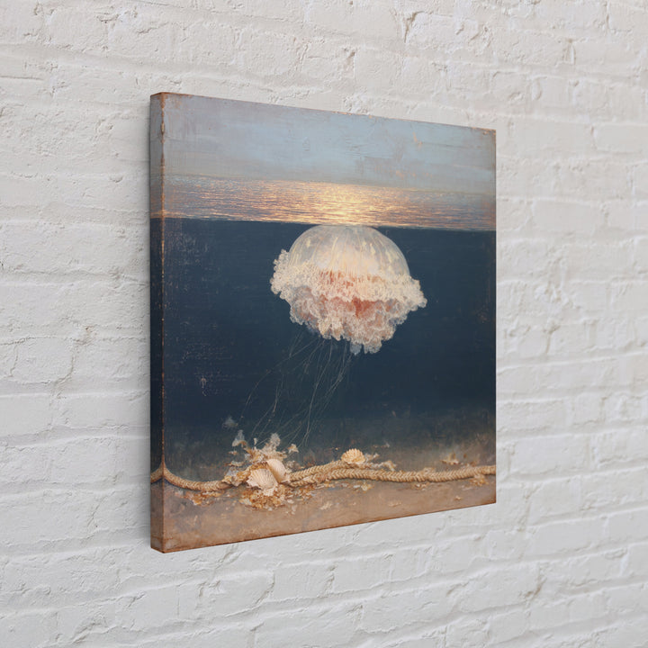 Jellyfish Floating in Luminous Dark Water Canvas Print, Marine Life Art, Fish Art, Living Room Decor, Oil Painting, Marine, MLA-1x1-30