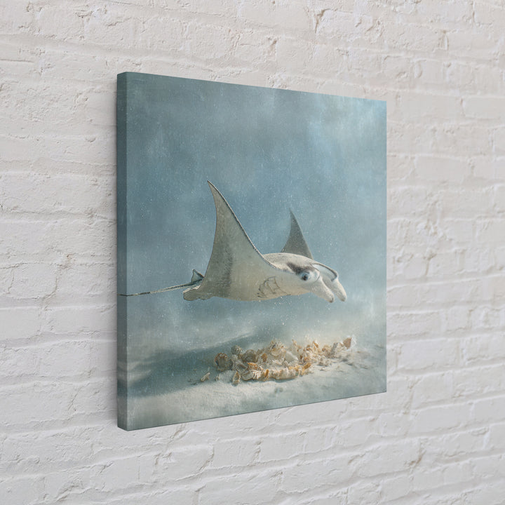 Manta Ray Flying Through Underwater Light Framed Canvas Print, Marine Life Art, Ocean Prints, Living Room Decor, Marine, MLA-1x1-38