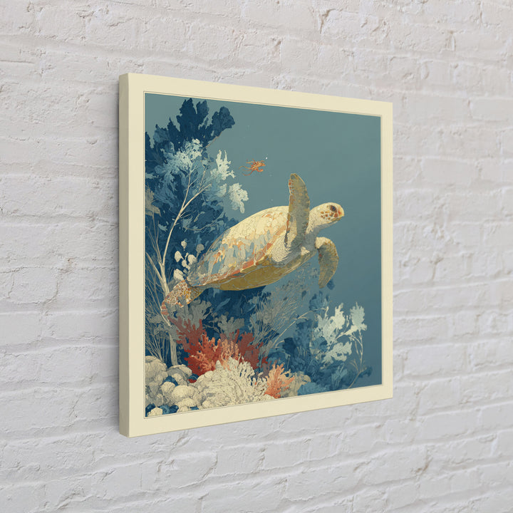 Bioluminescent Plankton Around Swimming Turtle Framed Canvas Print, Marine Life Art, Wall Art, Living Room Decor, Marine, MLA-1x1-48