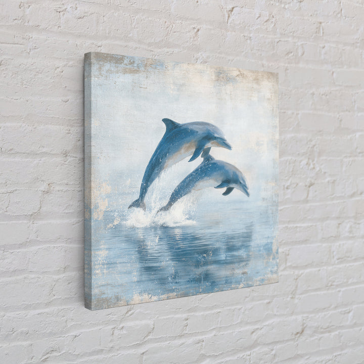 Dolphins Leaping Through Sunlit Waves Framed Canvas Print, Marine Life Art, Coastal Art, Living Room Decor, Fine Art, Marine, MLA-1x1-7