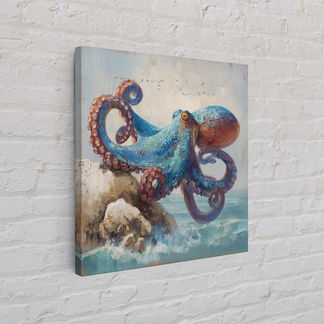 Octopus Curling Around Coral Canvas Print, Marine Life Art, Handmade Art, Living Room Decor, Fine Art, Marine, MLA-1x1-75