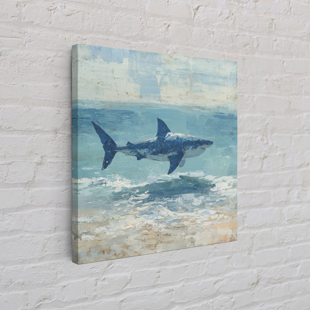 Shark Silhouette in Deep Blue Light Framed Canvas Print, Marine Life Art, Tropical Wall Art, Living Room Decor, Abstract Art, MLA-1x1-84