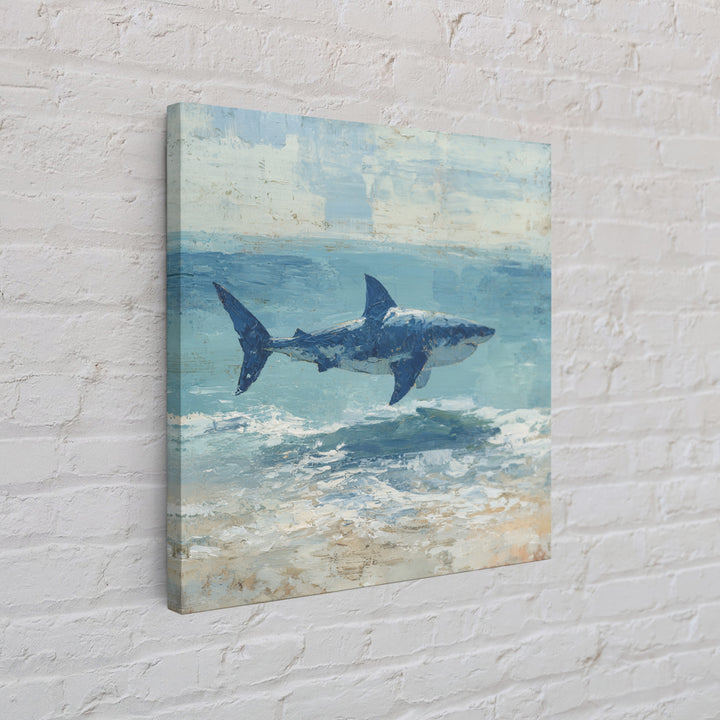 Shark Silhouette in Deep Blue Light Framed Canvas Print, Marine Life Art, Tropical Wall Art, Living Room Decor, Abstract Art, MLA-1x1-84